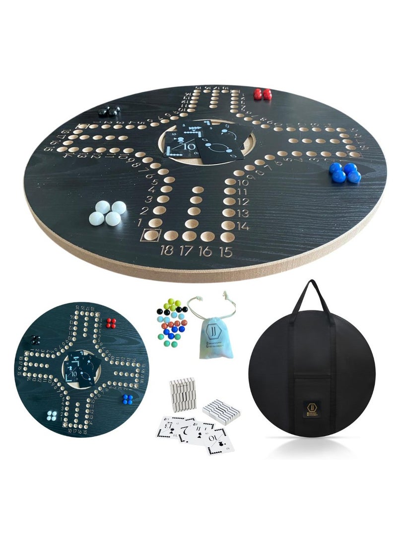 Jackaroo Board Game Set, 4-Player Wooden Board with Marbles, Cards and Carrying Bag, Black