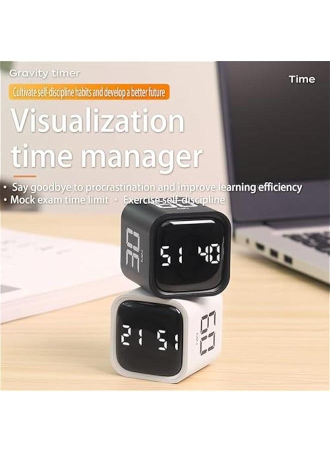 Cube Timer,Rotation Timer,5/10/30/60 Minutes and Custom Countdown with LED Display,Productivity Timer,Pause and Resume,Silent,Vibrate and Adjustable Sound Alarm for Work,Study,Kitchen (Black)