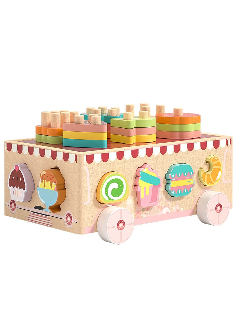 Children's Wooden Educational Toy - Animal Zoo & Ice Cream Dessert Cart with Shape Sorter, Wooden Car for Hand-Eye Coordination & Learning (22179 cm, 1 KG)