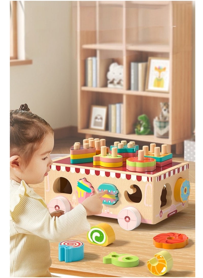 Children's Wooden Educational Toy - Animal Zoo & Ice Cream Dessert Cart with Shape Sorter, Wooden Car for Hand-Eye Coordination & Learning (22179 cm, 1 KG)