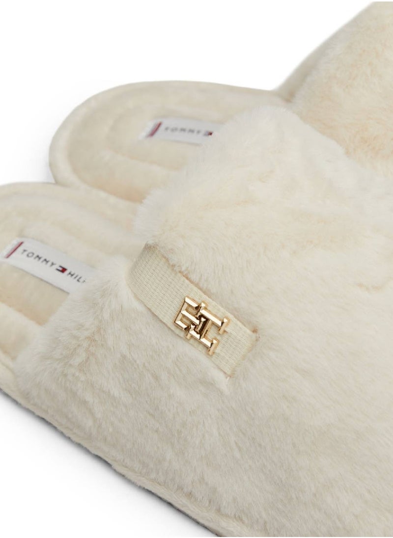 Women's TH Monogram Plaque Fleece Slippers - Polyester, White