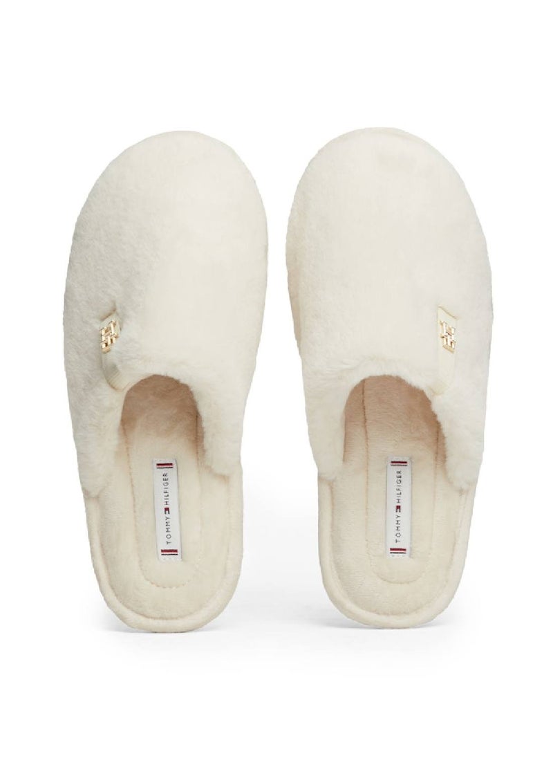 Women's TH Monogram Plaque Fleece Slippers - Polyester, White