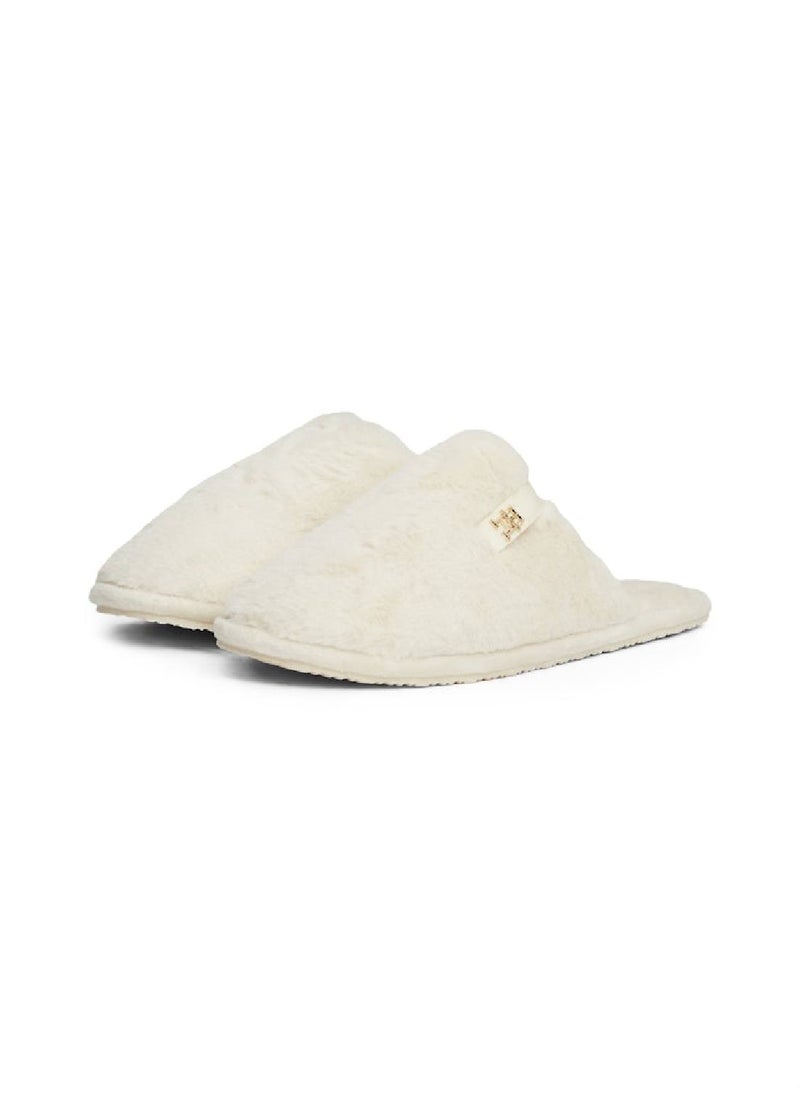 Women's TH Monogram Plaque Fleece Slippers - Polyester, White