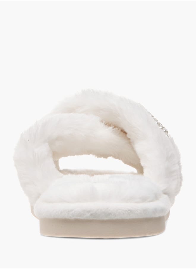 Womens Faux Fur Cross Strap Bedroom Slides