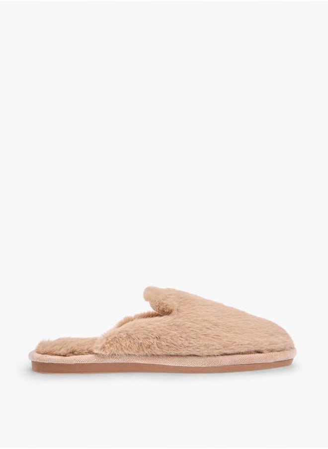 Womens Fur Textured Slip-On Bedroom Mules