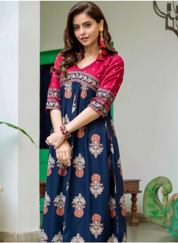 Blue & Maroon V-Neck Dress With Polka Prints