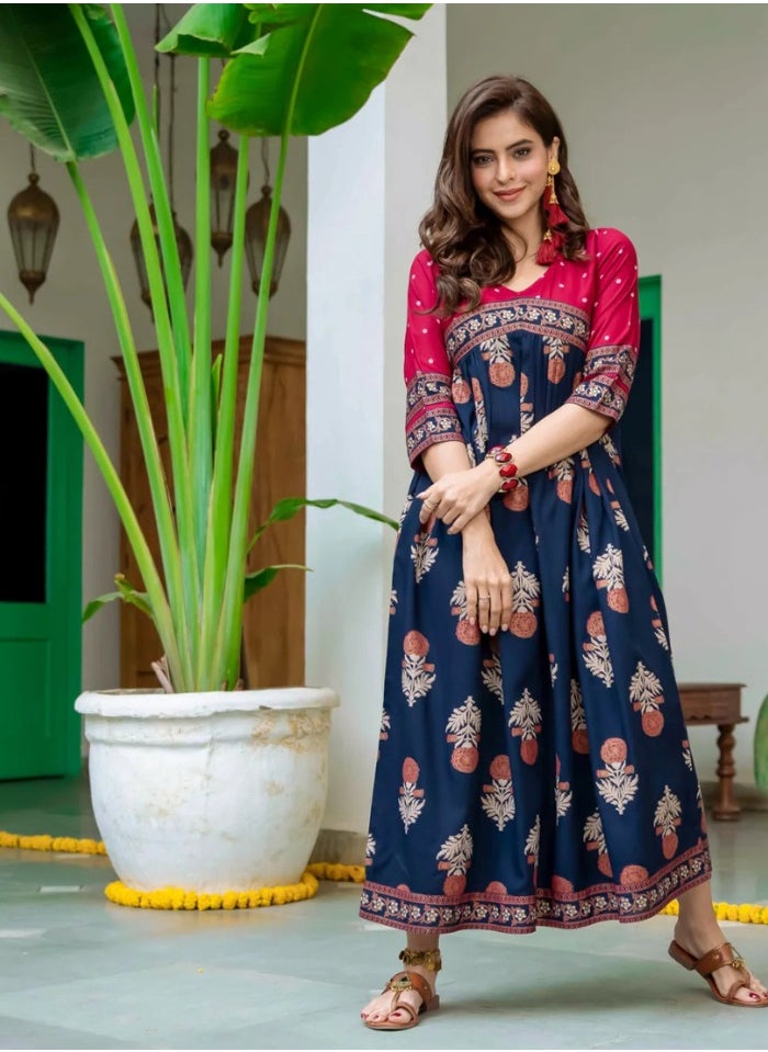 Blue & Maroon V-Neck Dress With Polka Prints