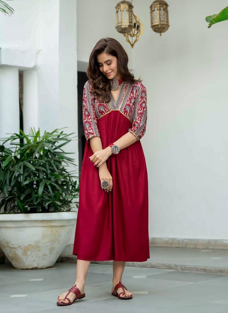 Maroon V Neck Gathered Dress