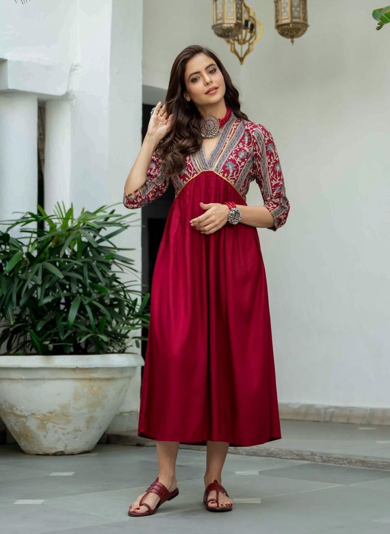 Maroon V Neck Gathered Dress