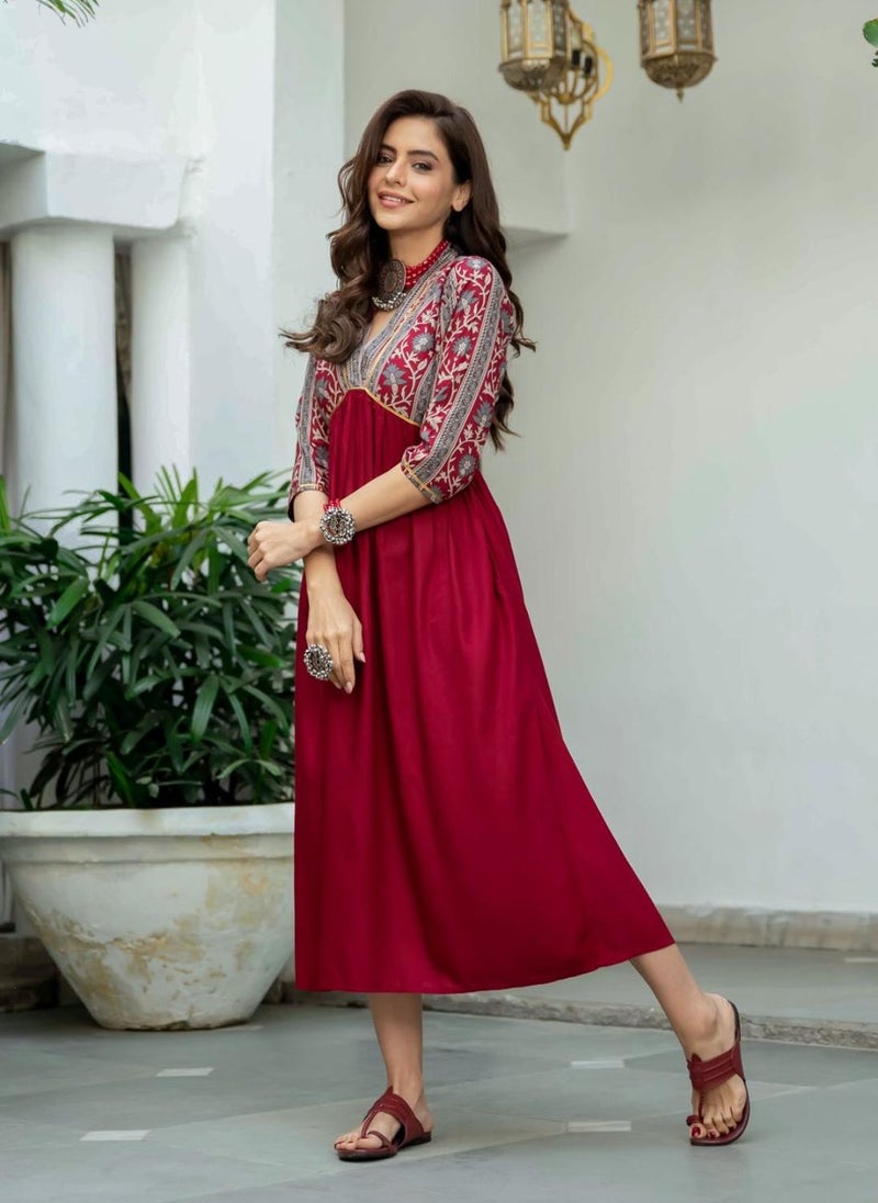 Maroon V Neck Gathered Dress