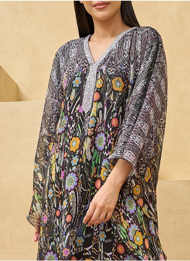 Black Multicolored Printed House Kaftan Maxi Dress