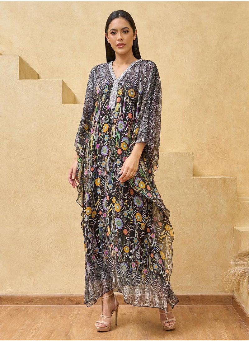 Black Multicolored Printed House Kaftan Maxi Dress