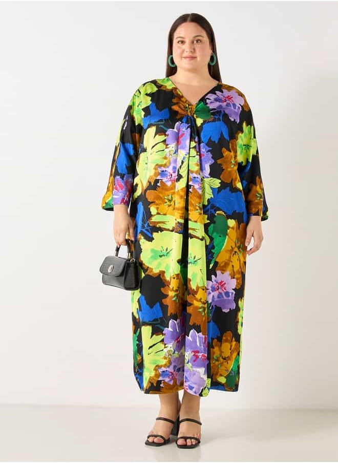Plus Size Ulla Popken Floral Print Kaftan Dress with Pockets
