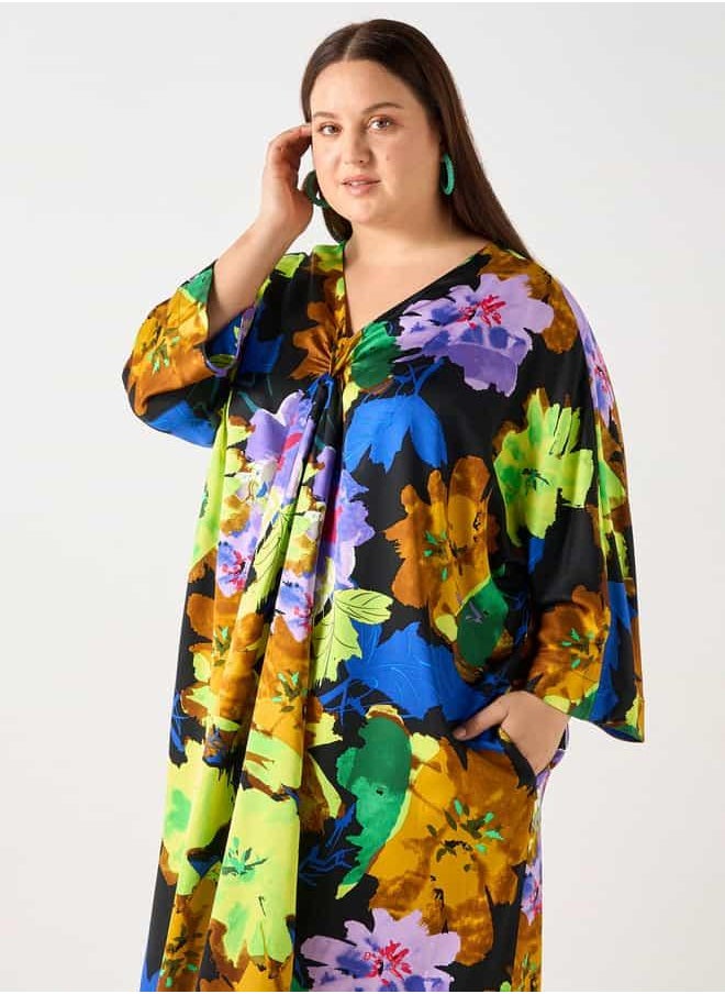 Plus Size Ulla Popken Floral Print Kaftan Dress with Pockets