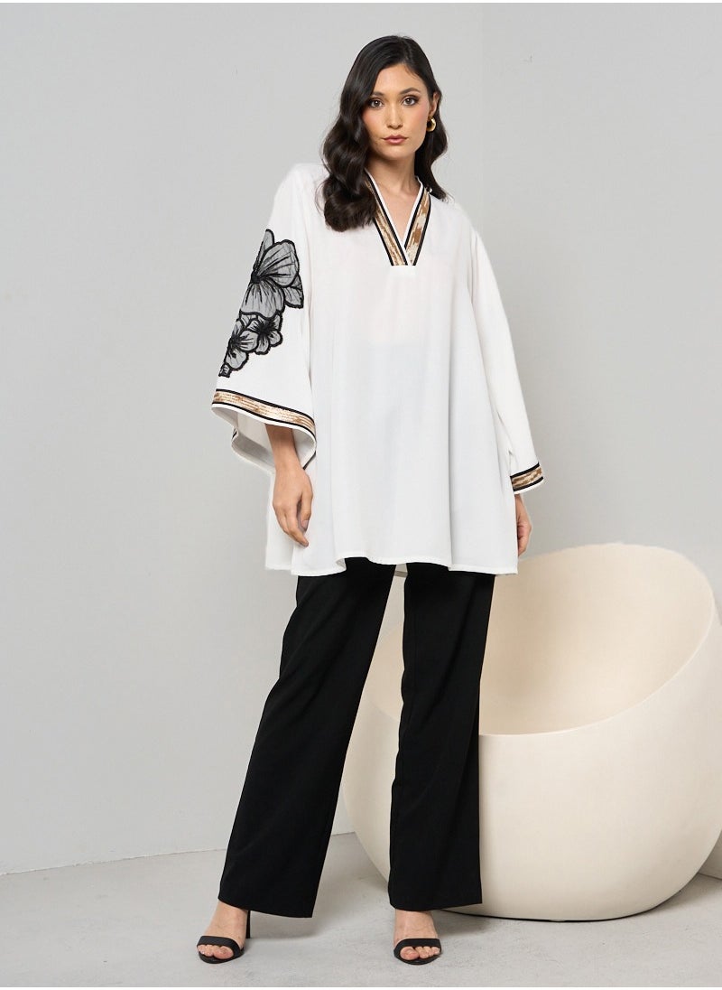 White Short Kaftan with Black Flower Embroidery