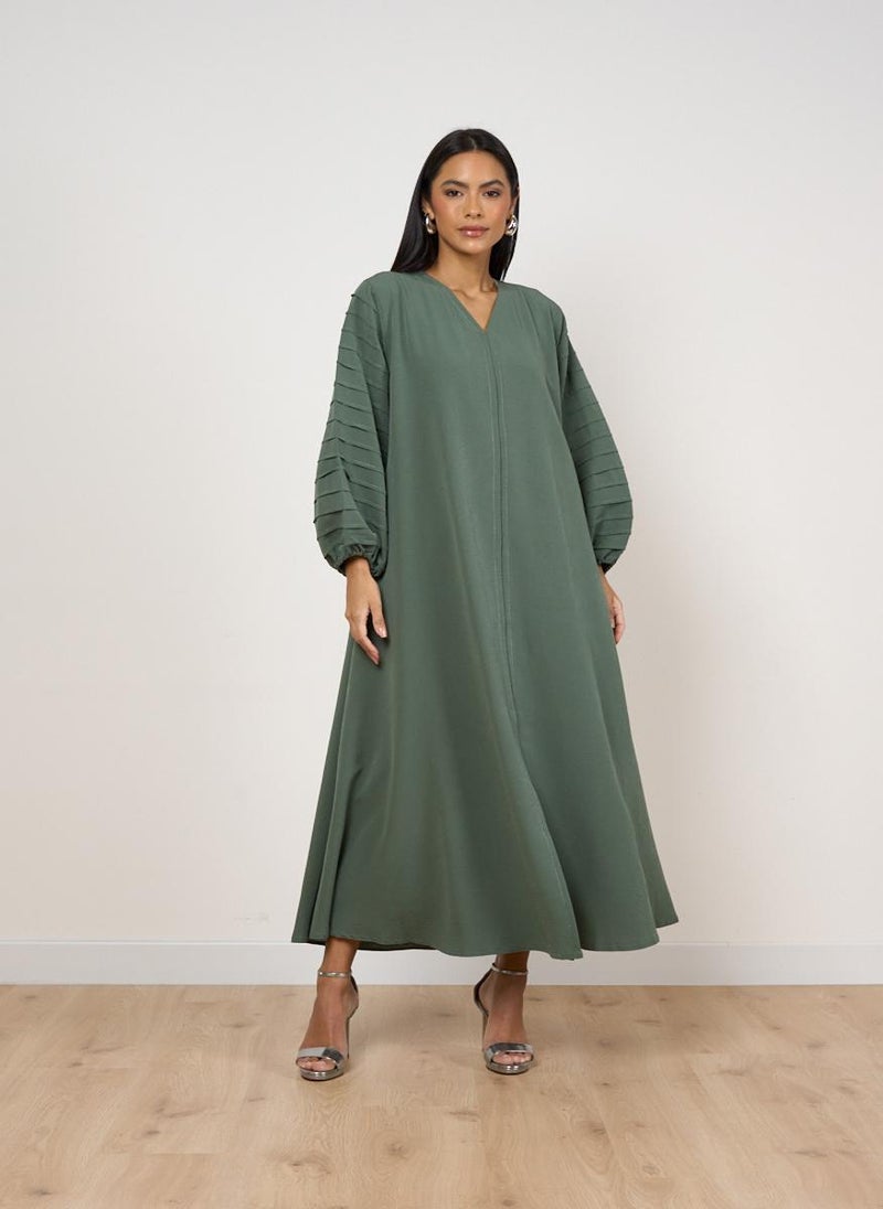 Green Pleated Sleeve Textured Abaya with Sheila