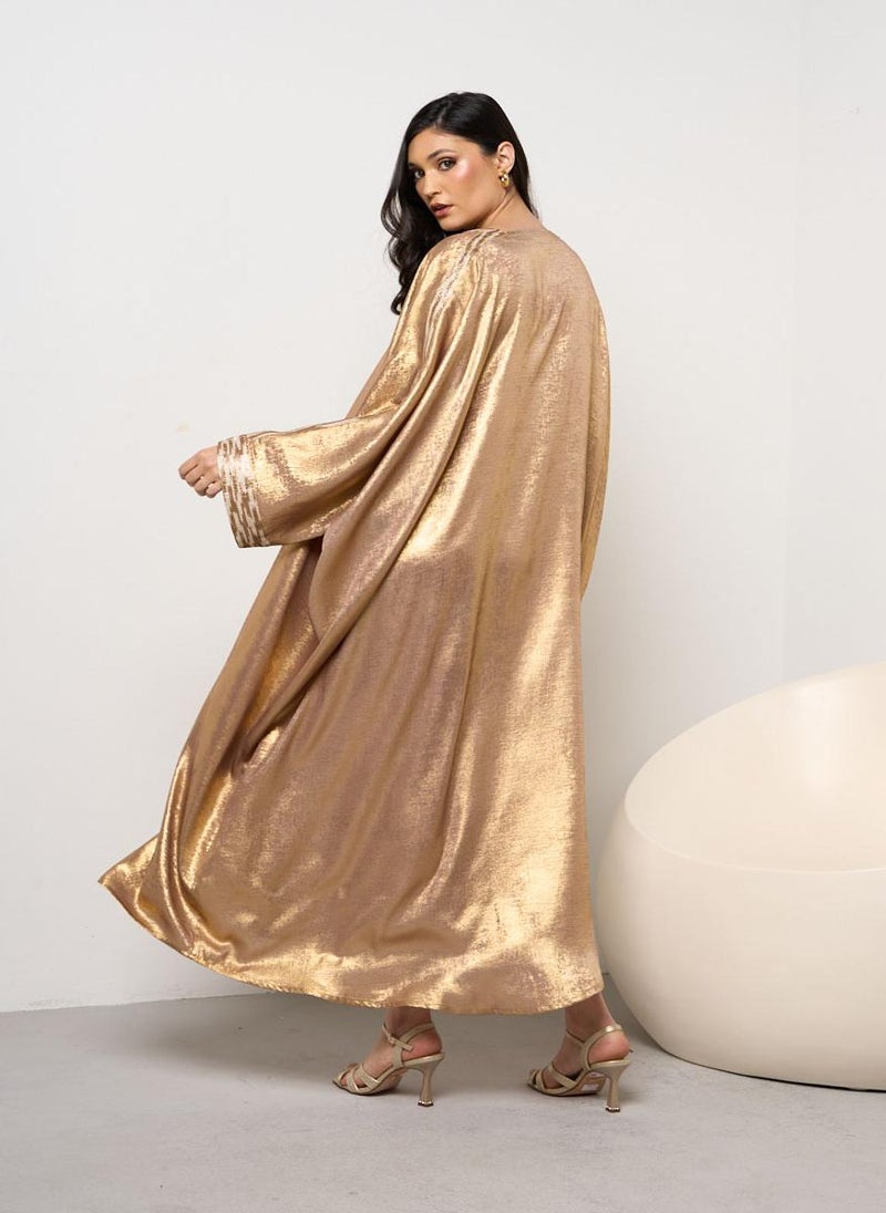 Gold V-Neck Kaftan with Lace Detailing