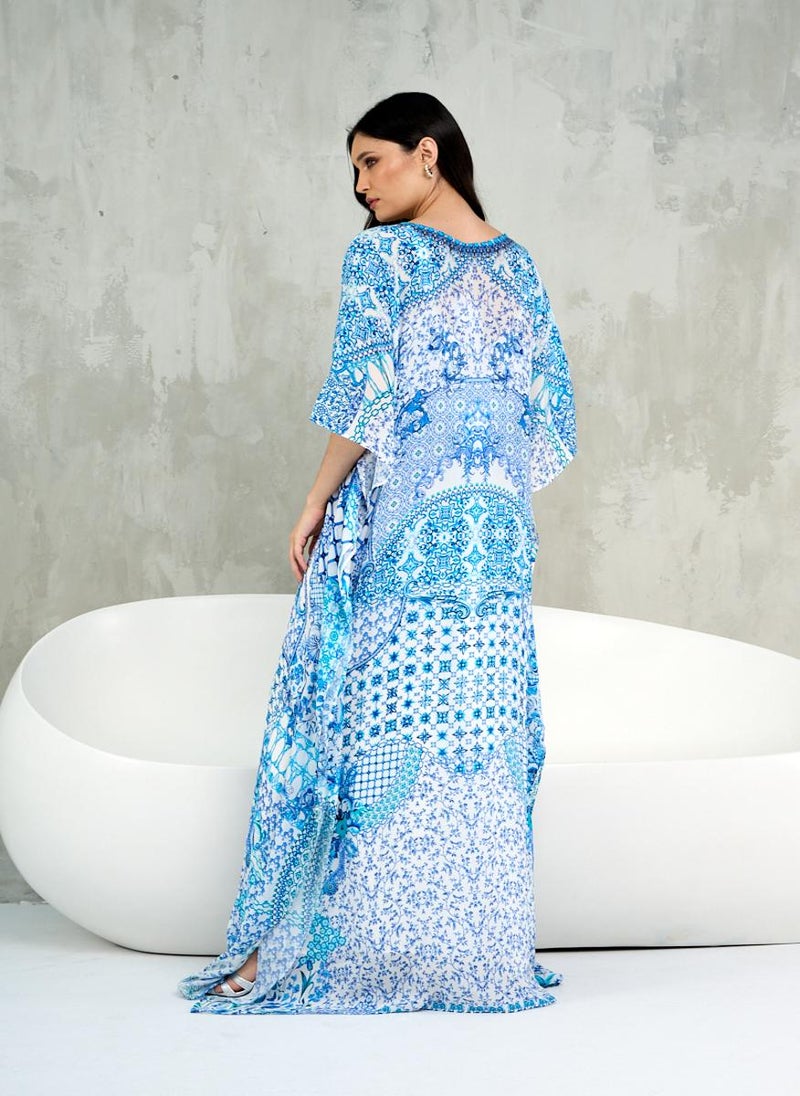 Blue White Printed Kaftan Dress with Neck Detail