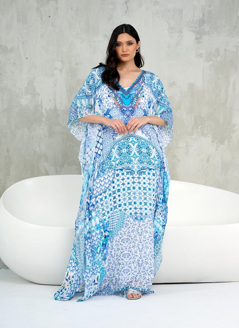 Blue White Printed Kaftan Dress with Neck Detail