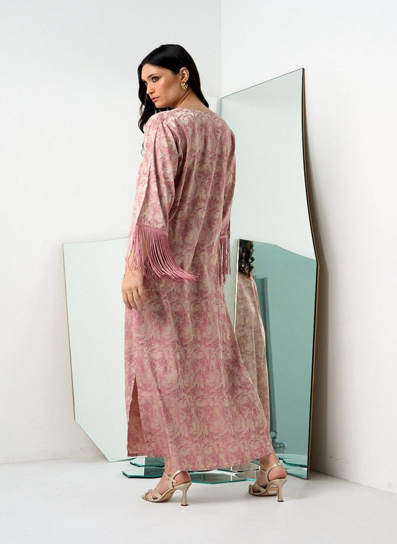 Pink and Gold Fringe Jacquard Kaftan