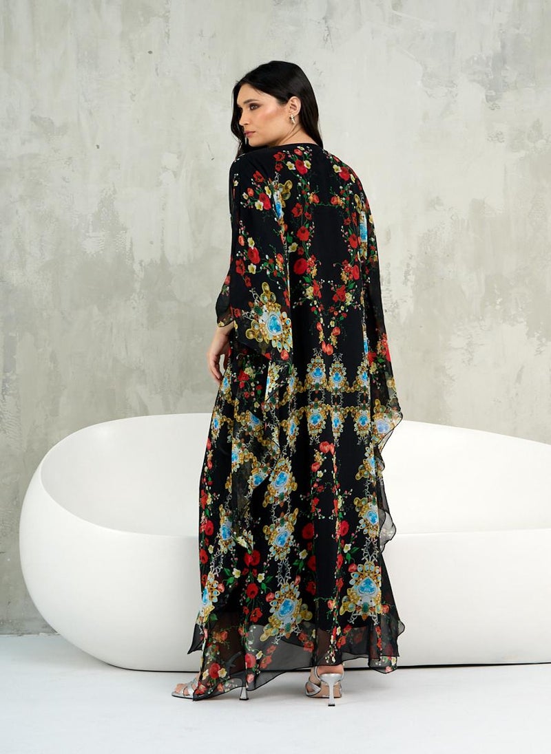 Black Floral Printed House Kaftan Maxi Dress