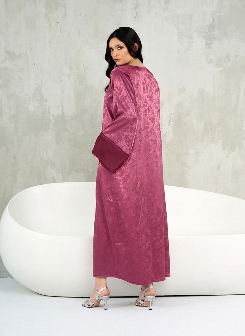 Plum Silk Jacquard Kaftan Dress with Lace