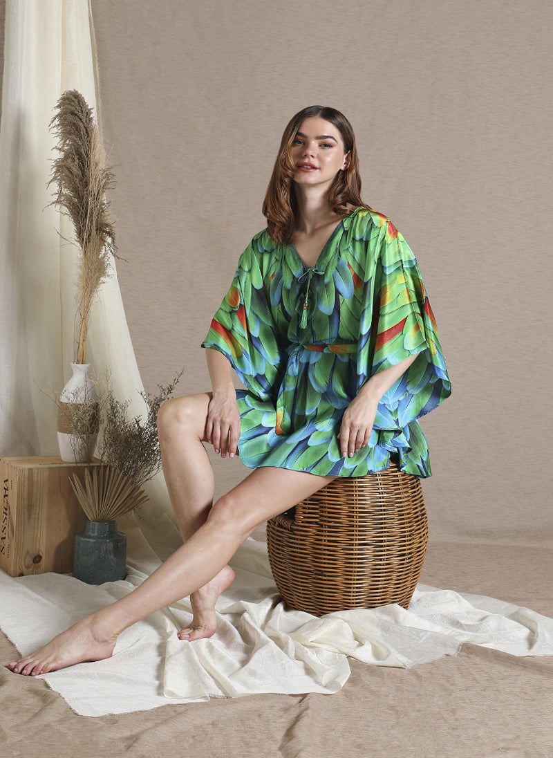 Green Feather Print Mini Kaftan