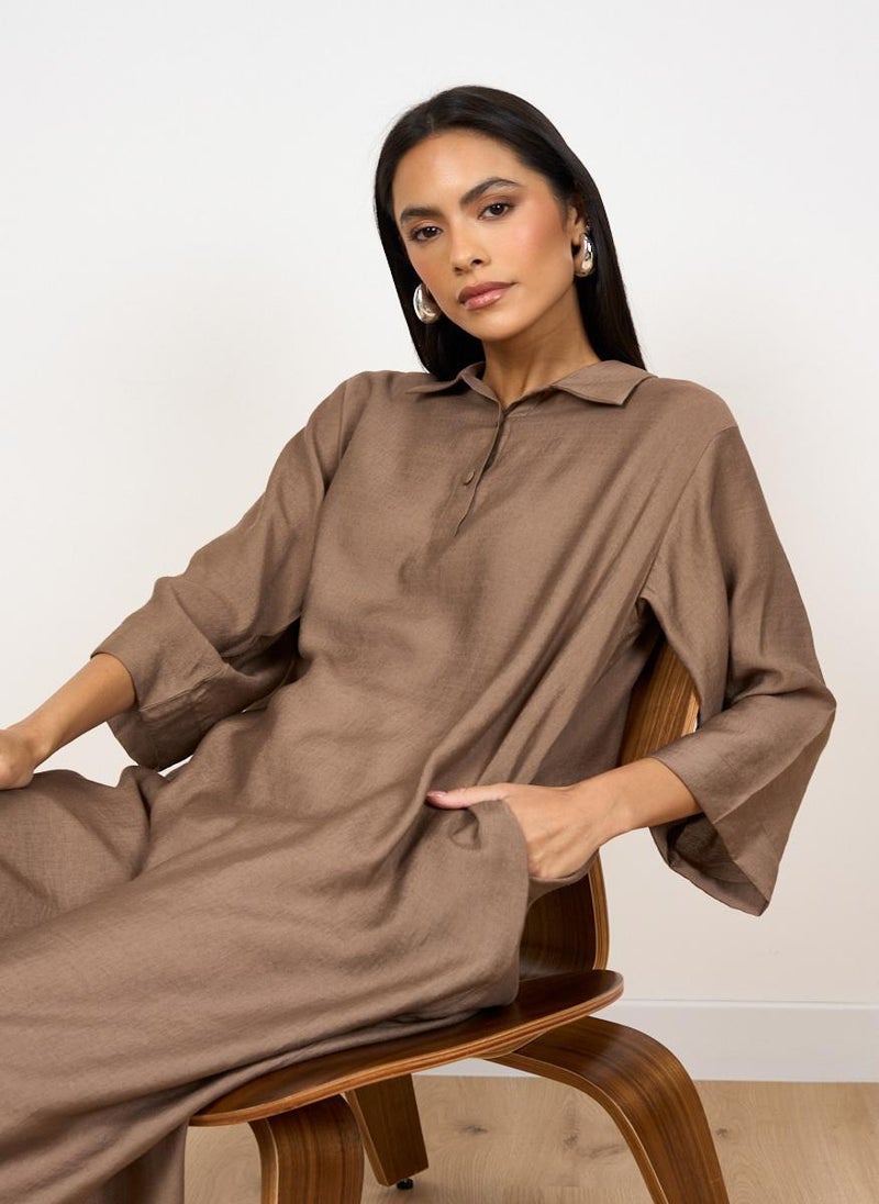 Beige Collared Kaftan with Button Detail