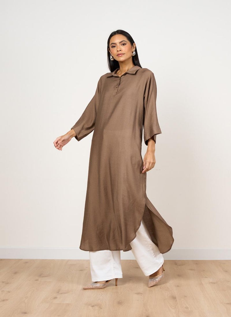 Beige Collared Kaftan with Button Detail