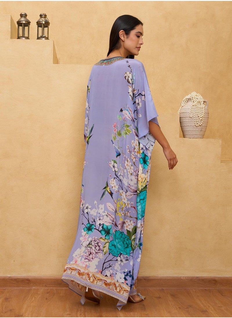 Mauve Printed V-neck Kaftan Dress