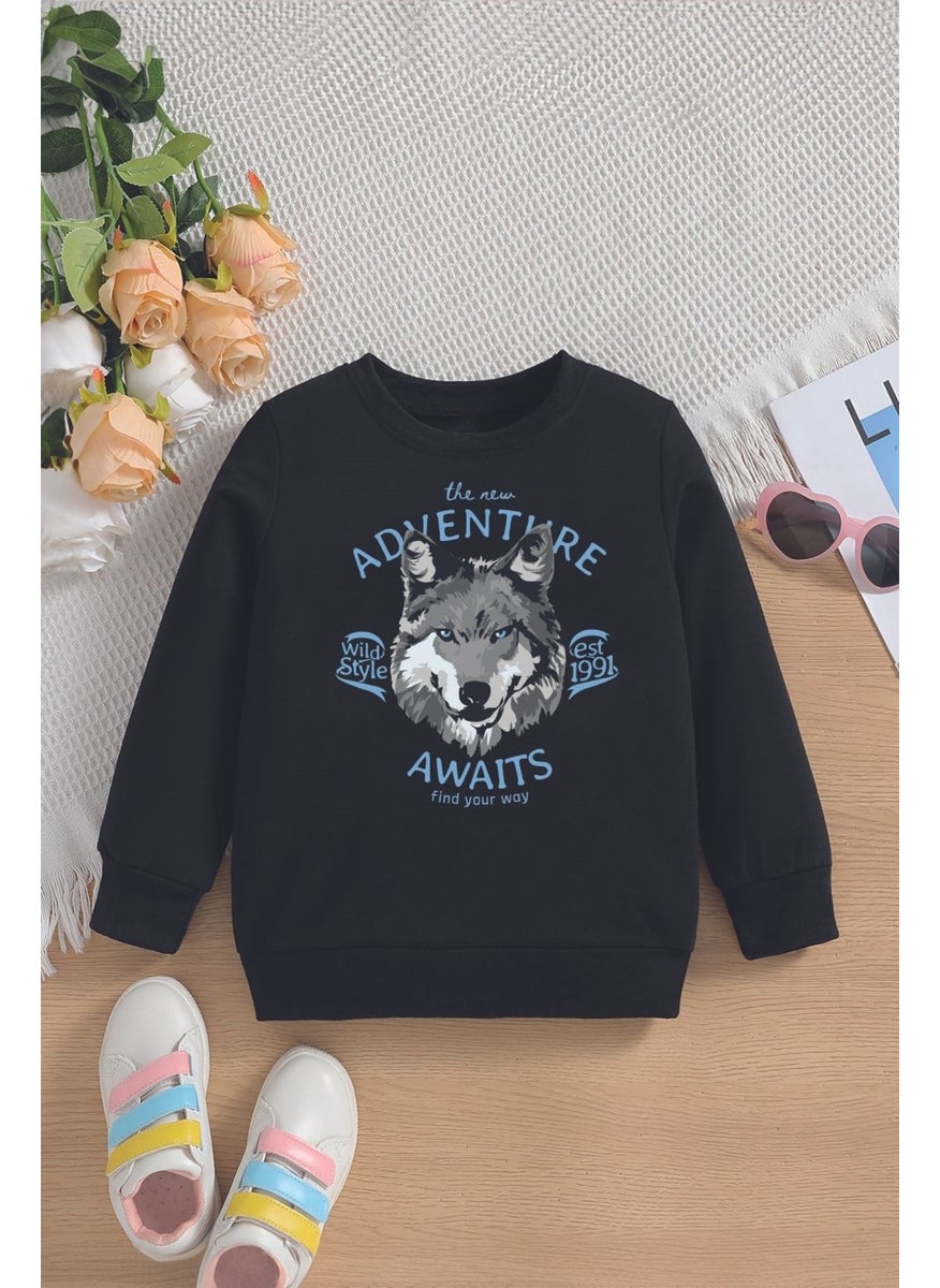 New Season Adventure Written Wolf Printed Oversize Hooded Kids Sweatshirt 14634