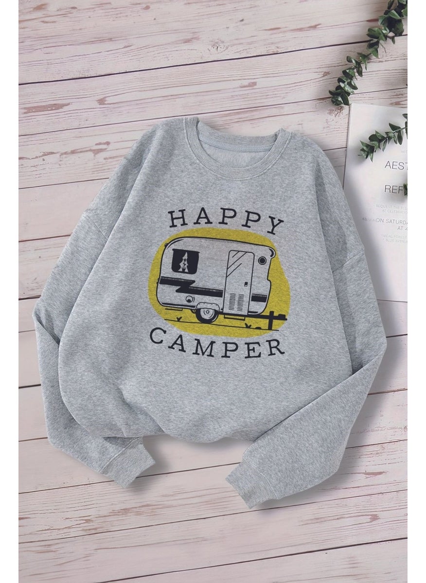 Trend Premium Happy Camper Printed Oversize Hooded Kids Sweatshirt 13801