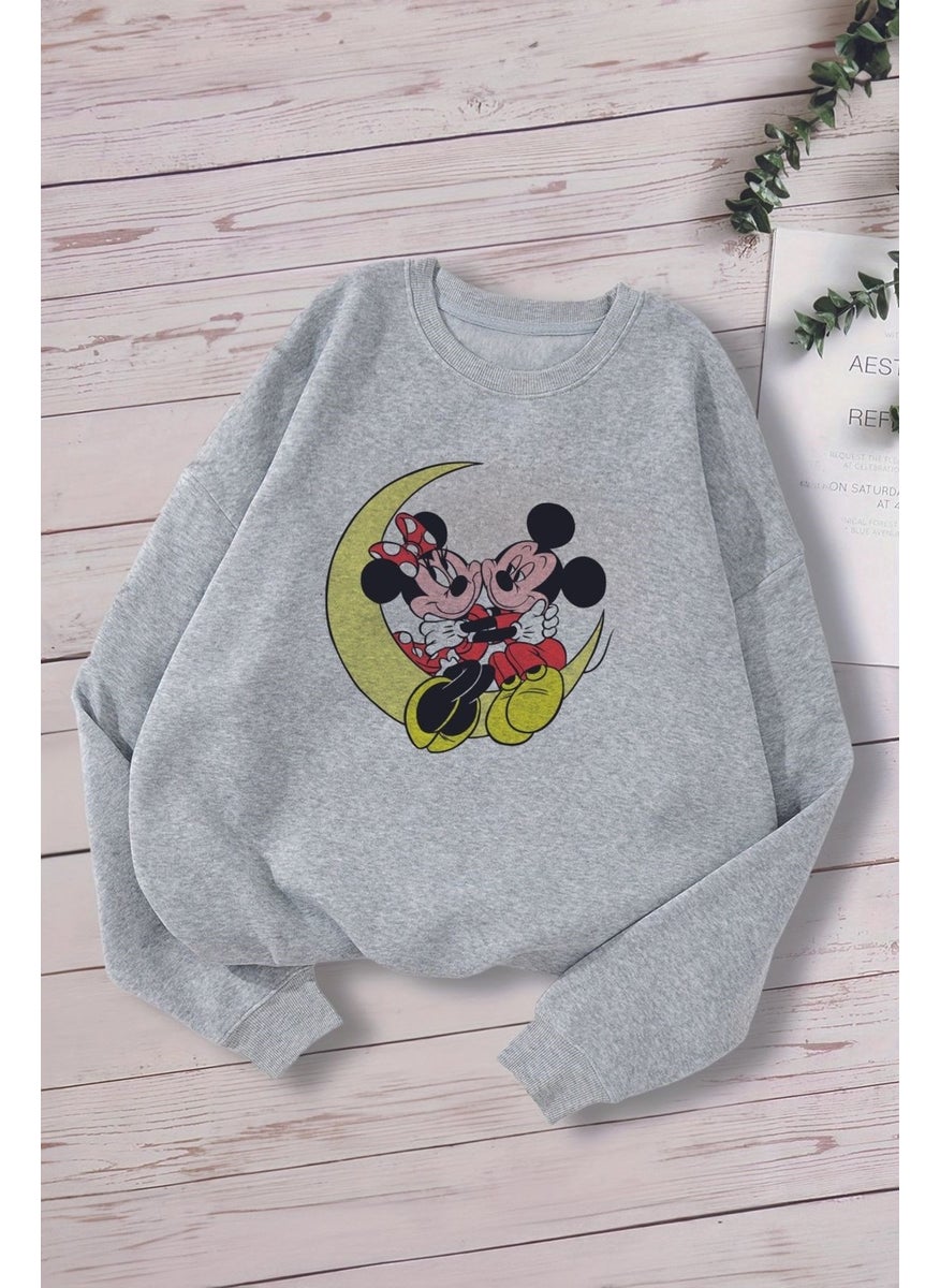 Polar fleece inside, sitting on the moon, mini and Mickey printed, oversize hooded children's sweatshirt 15771