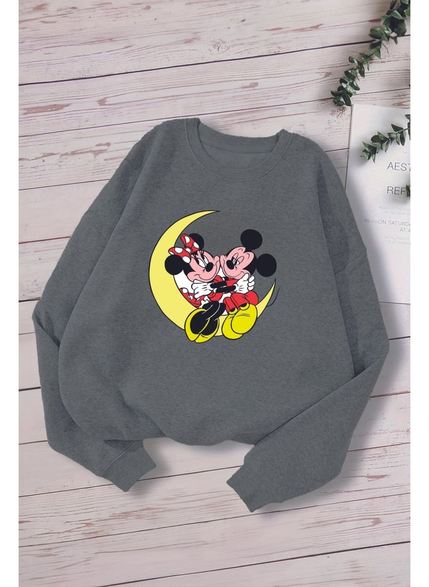 Polar fleece inside, sitting on the moon, mini and Mickey printed, oversize hooded children's sweatshirt 15771