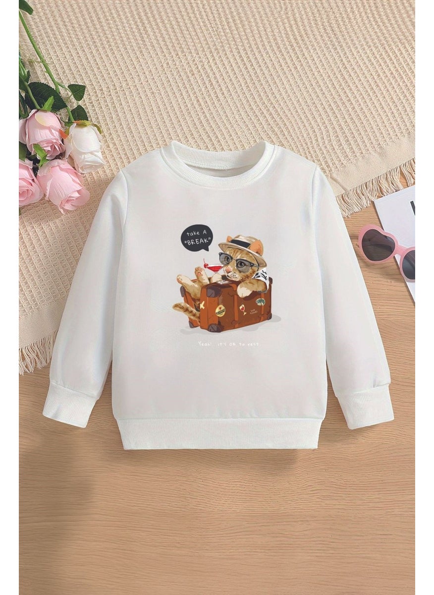 New Season Vacationer Kitten Printed Oversize Hooded Kids Sweatshirt 14645