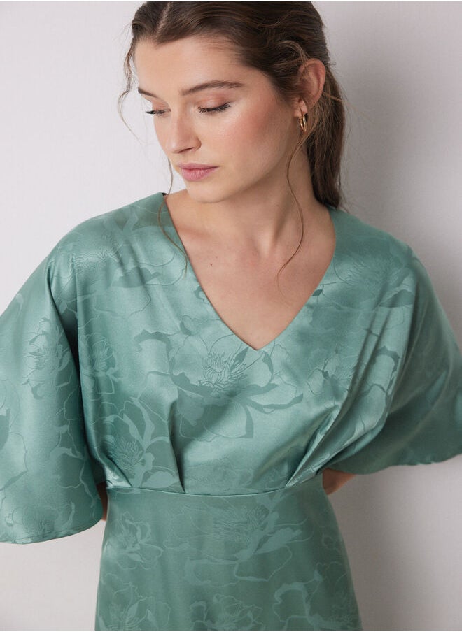 Green jacquard satin caftan dress