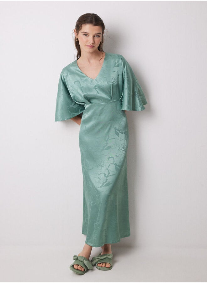 Green jacquard satin caftan dress