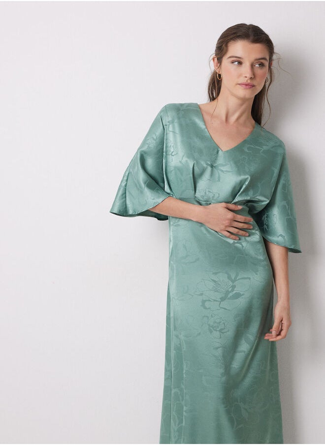 Green jacquard satin caftan dress