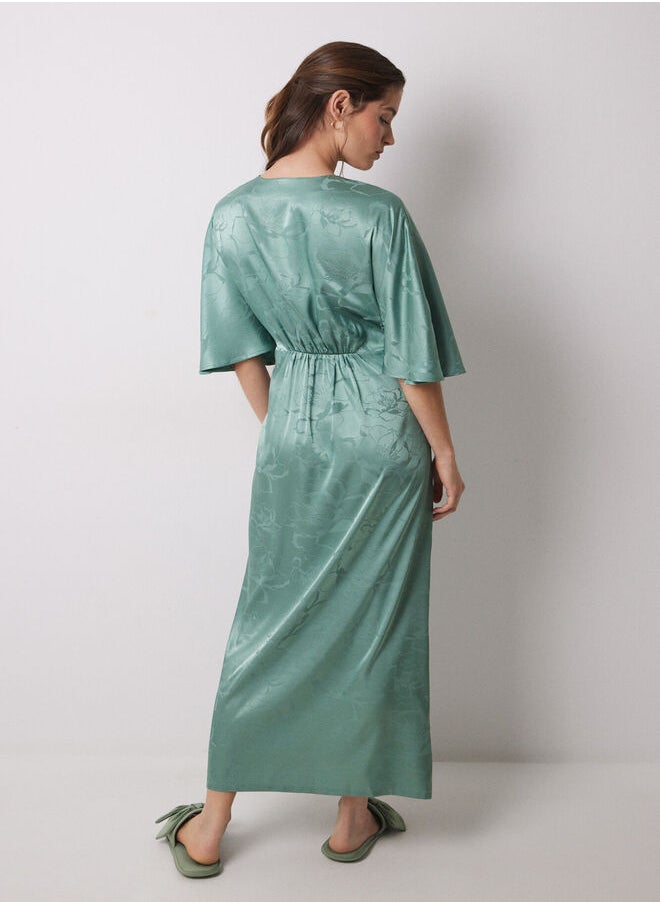 Green jacquard satin caftan dress
