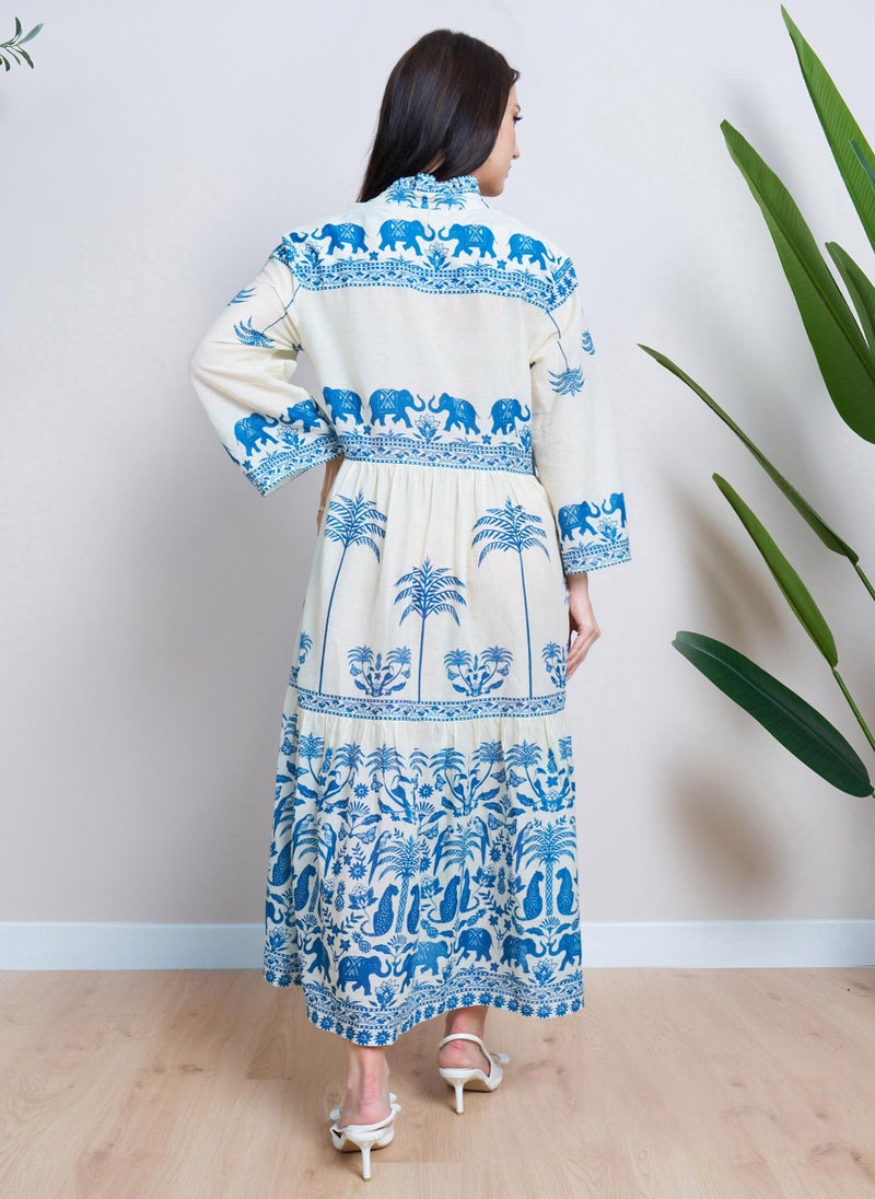 White Blue Placement Print Maxi Dress