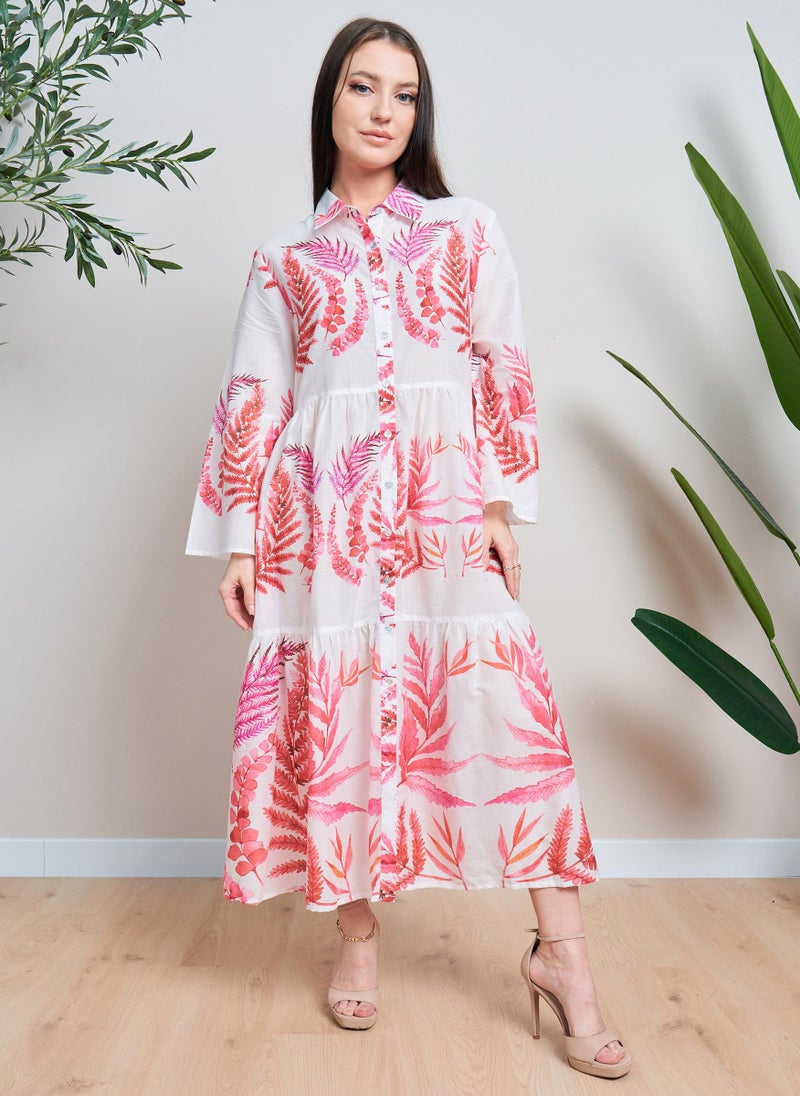 White Pink Printed Tiered Maxi Dress