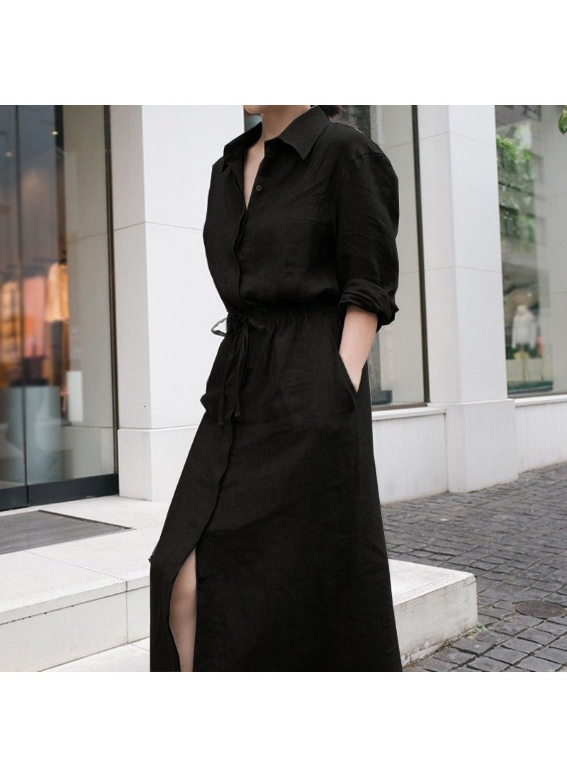 Linen Casual Waist Tie Detail Long Sleeve Dress LN07BLACK9