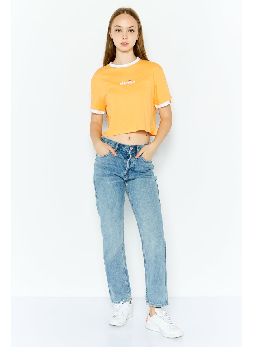 Women Crew Neck Short Sleeve Brand Logo Crop T-Shirt, Light Orange