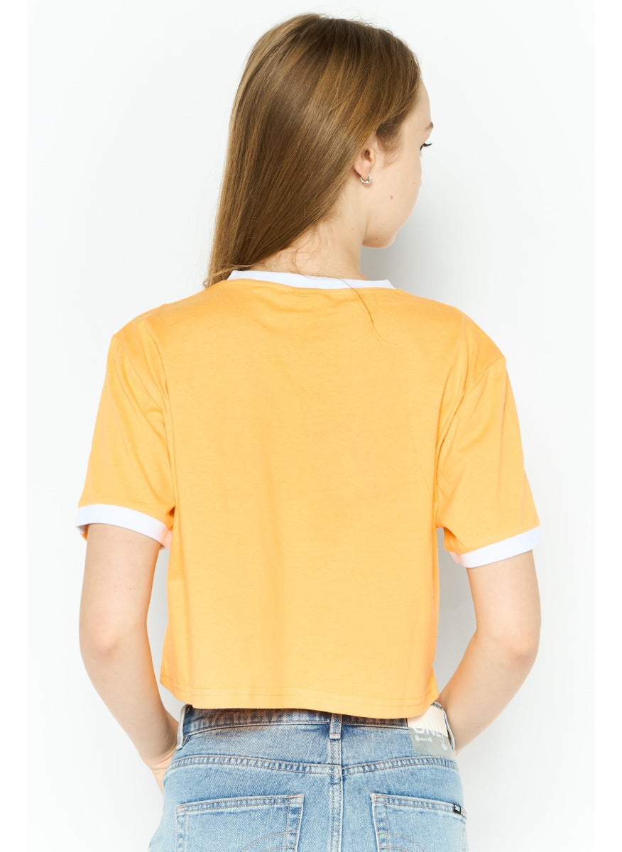 Women Crew Neck Short Sleeve Brand Logo Crop T-Shirt, Light Orange