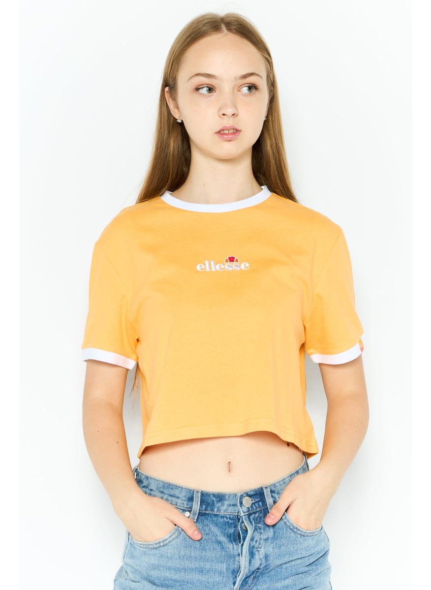 Women Crew Neck Short Sleeve Brand Logo Crop T-Shirt, Light Orange