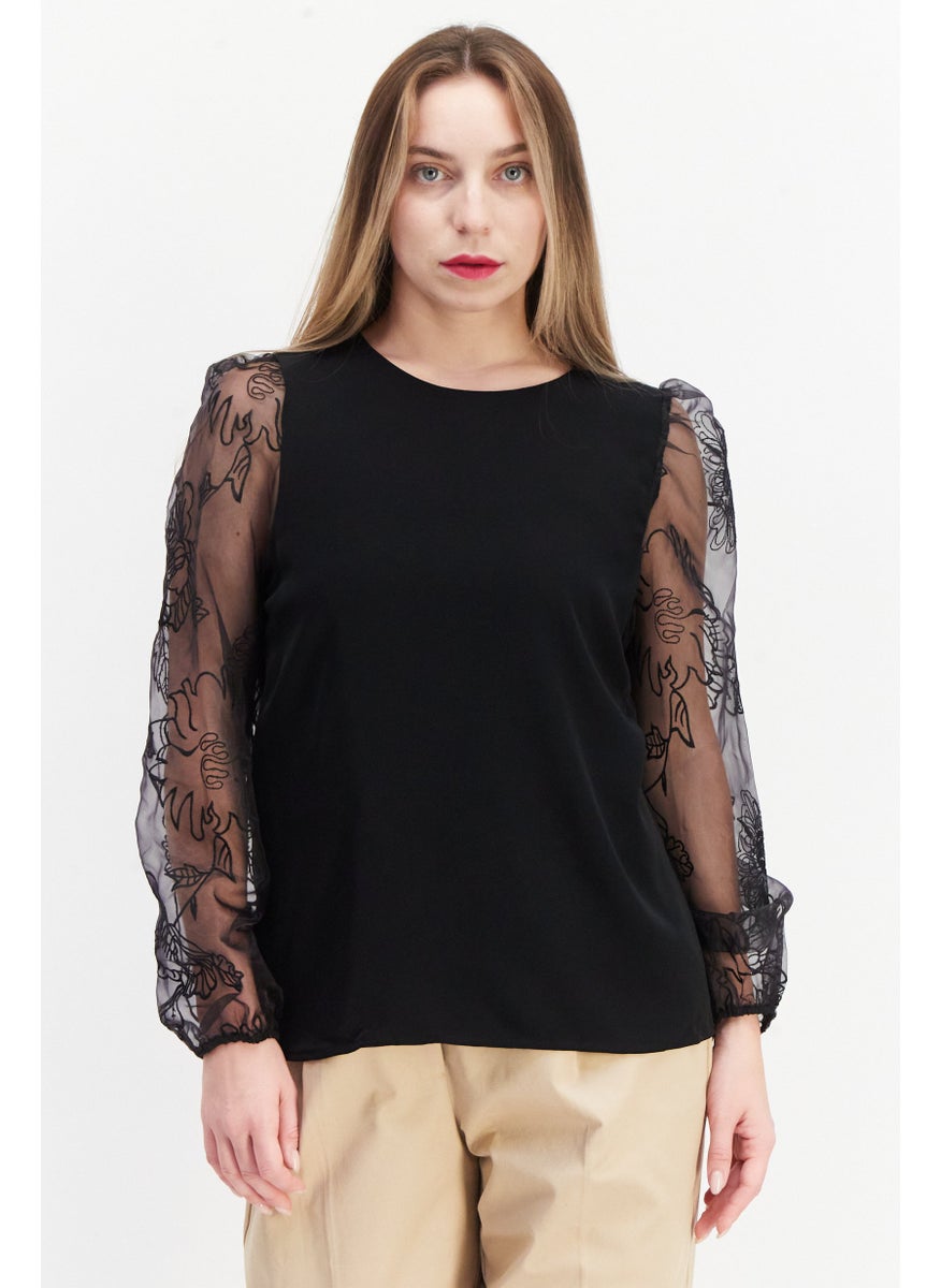 Women Round Neck Long Sleeves Plain Top, Black