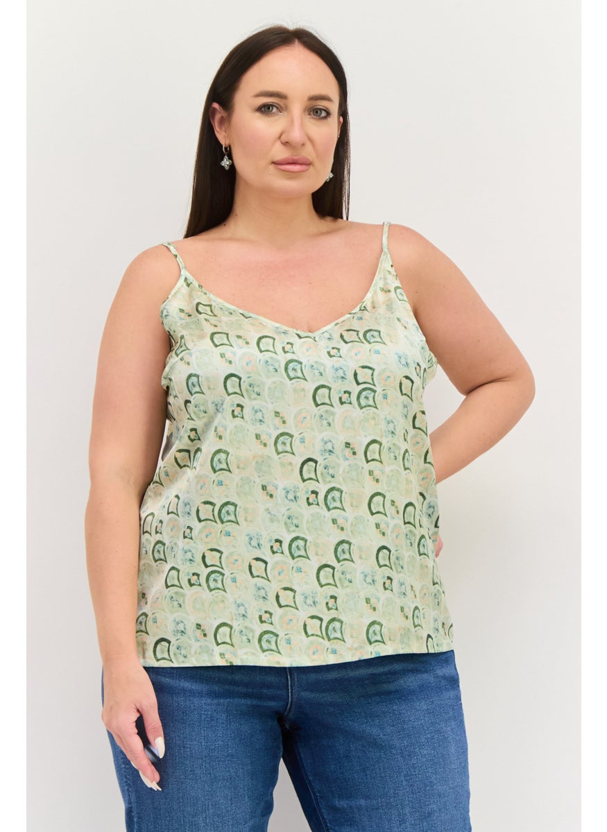 Women V-Neck Allover Printed Tank Top, Green Combo