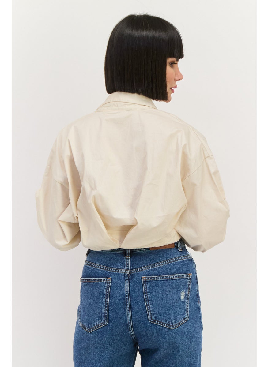 Women Spread Collar Long Sleeves Plain Cropped Top, Beige