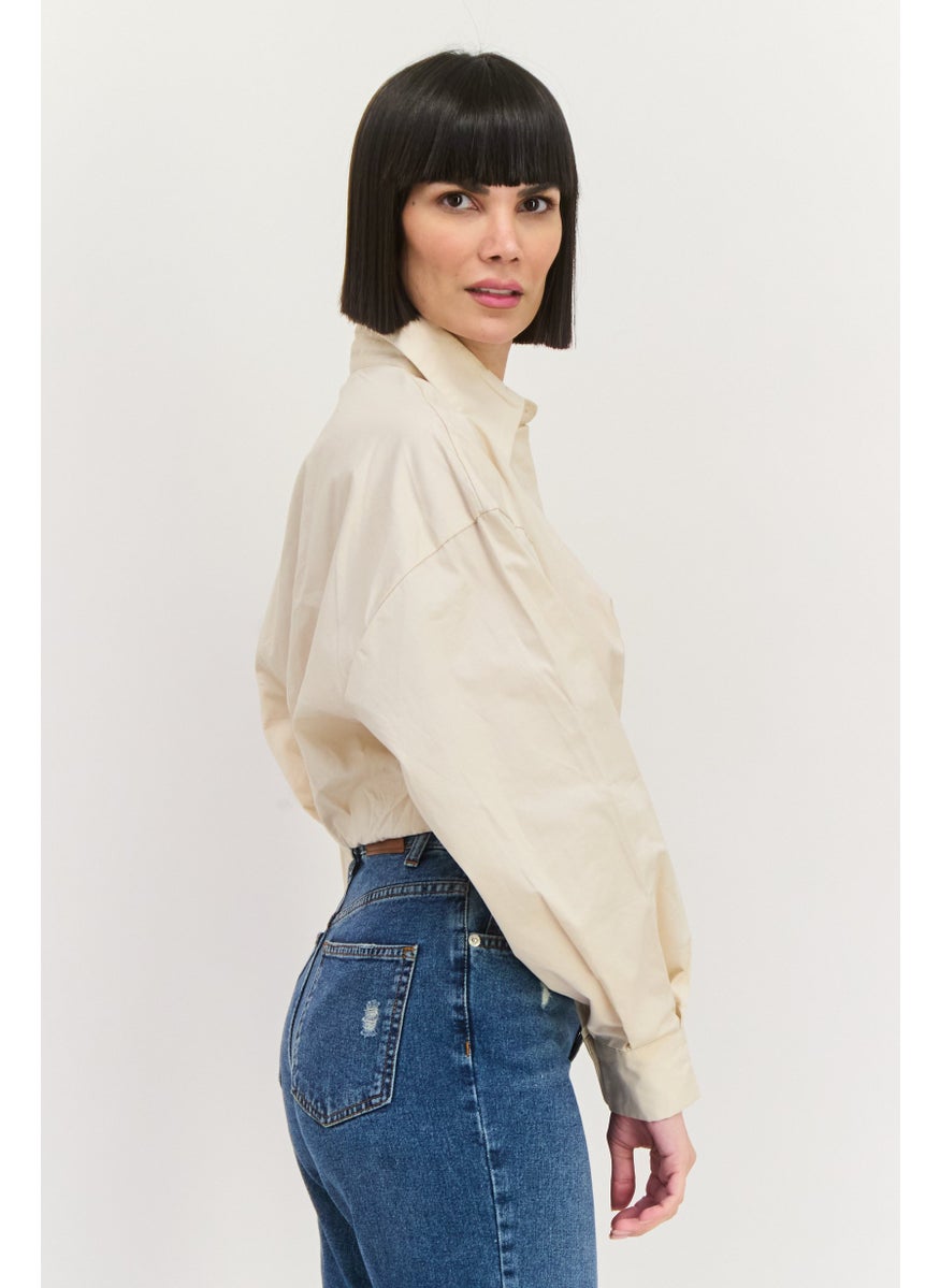 Women Spread Collar Long Sleeves Plain Cropped Top, Beige