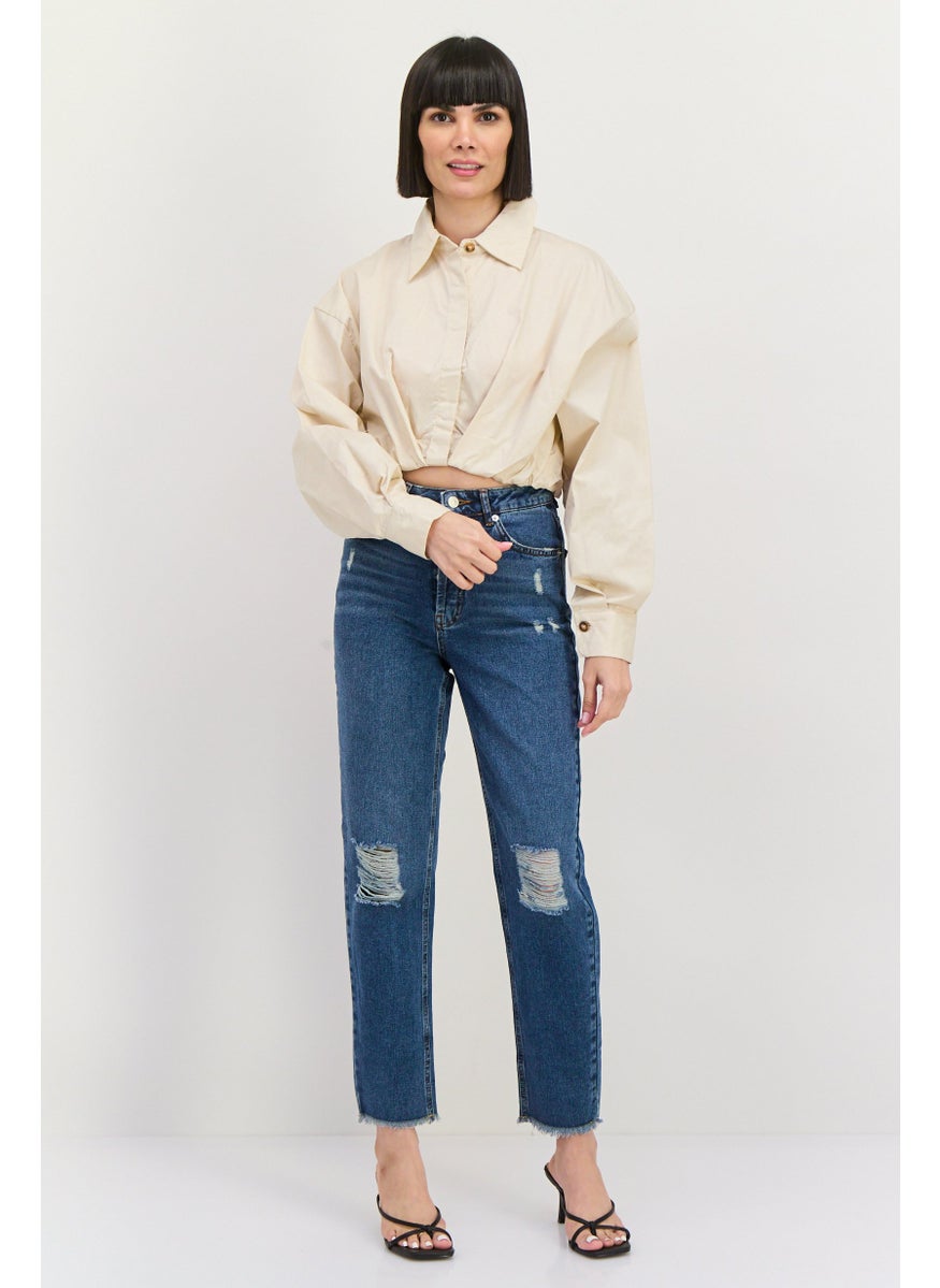 Women Spread Collar Long Sleeves Plain Cropped Top, Beige